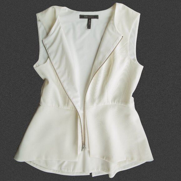 BCBG MAXAZRIA Abrielle Sleeveless Top Structured Peplum Zipper Ivory Vest S - Picture 11 of 14